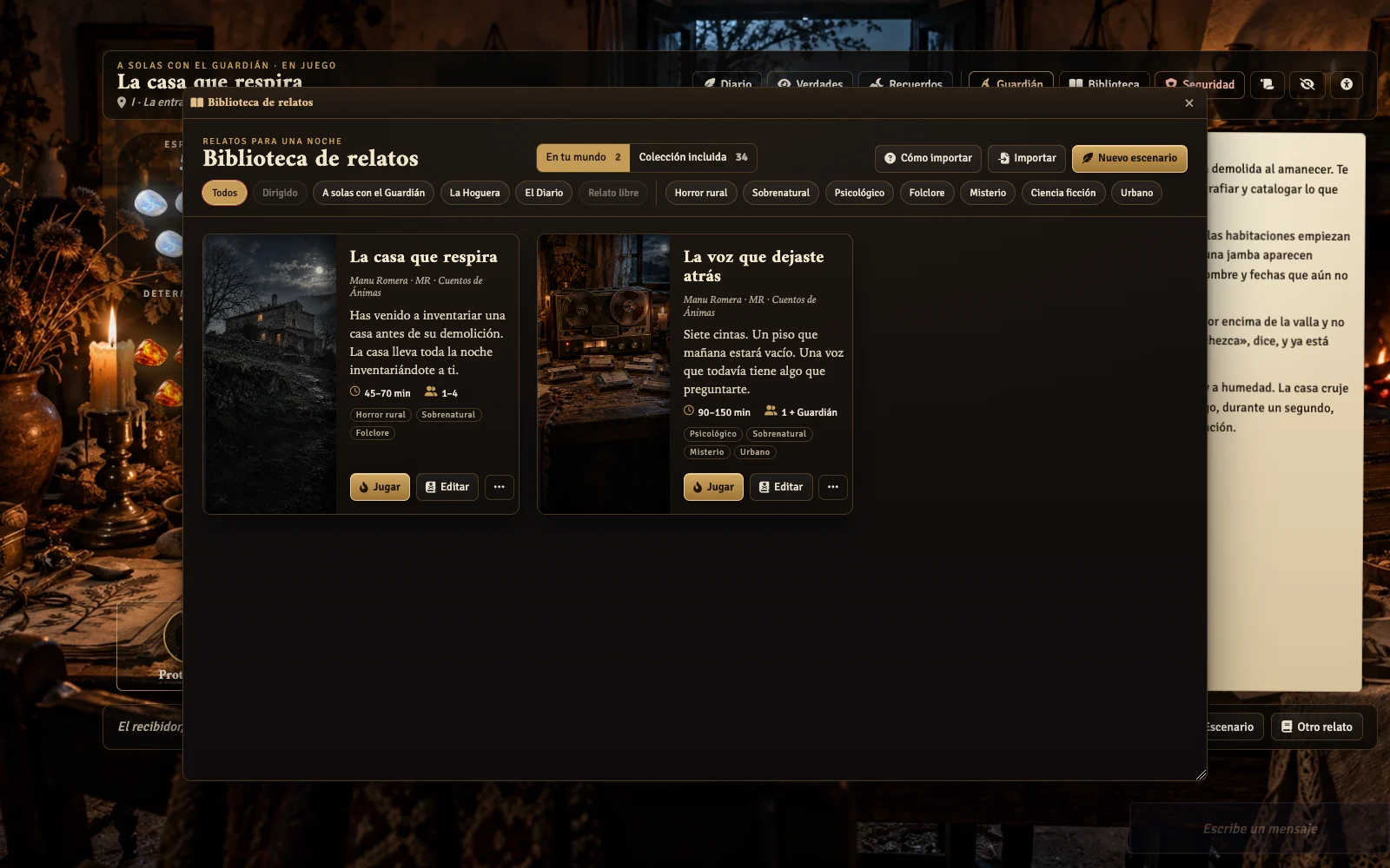 Biblioteca de relatos con portadas y filtros