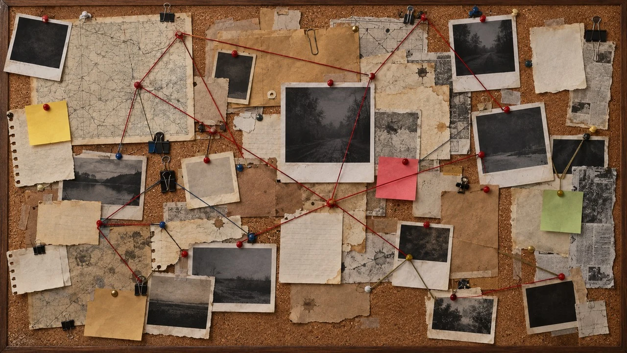 Pizarra de investigación llena de fotos, recortes y notas unidos con hilos de colores