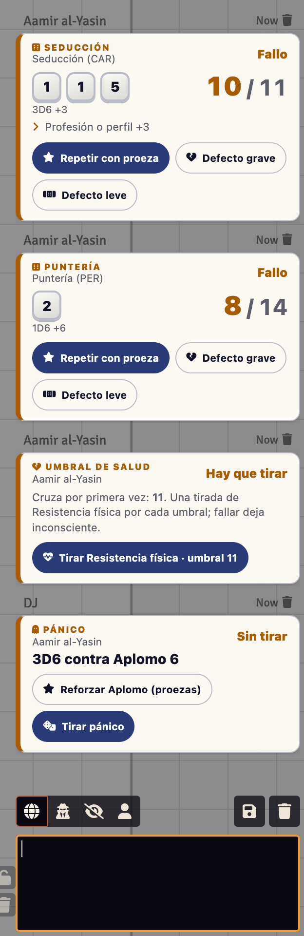 Tarjetas de chat con tiradas